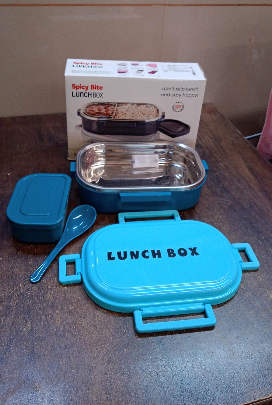 3 In 1 Spicy Bite Stainless Steel Lunch Box With Plastic Small Box  Spoon (1 Set) 3 In 1 Spicy Bite Stainless Steel Lunch Box With Plastic Small Box  Spoon (1 Set)